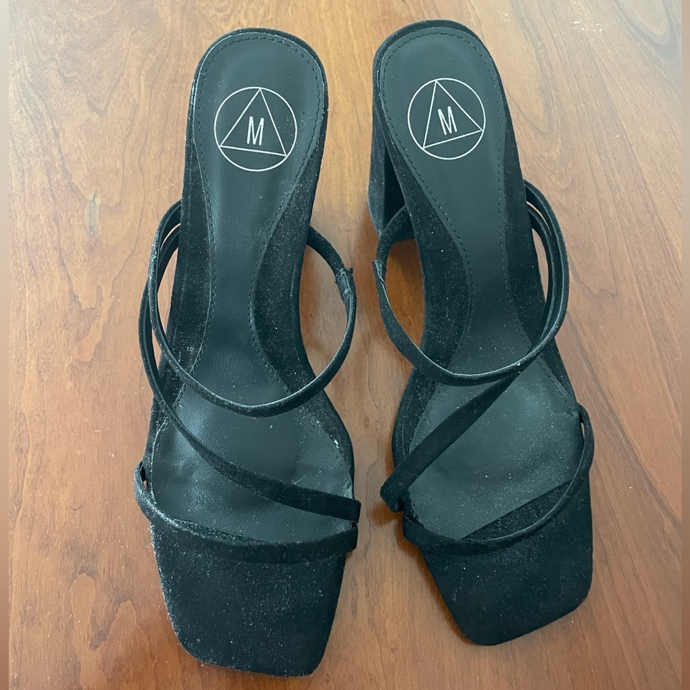 Missguided Shoes Black Faux Suede Triple Strap Block Heel Size 6